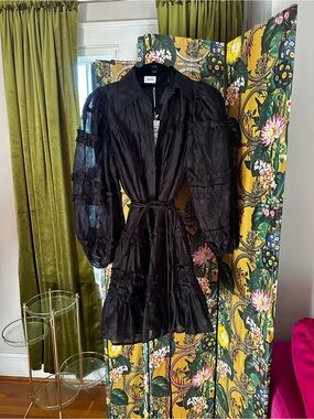 Aureum Black Button-Front Ruffled Shirt Dress NWT bubble sleeve small